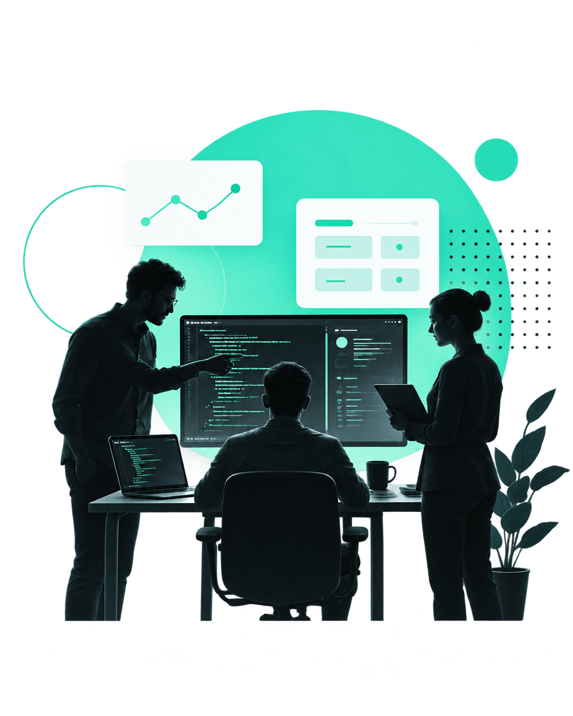 Equipo de desarrollo trabajando frente a pantallas con código